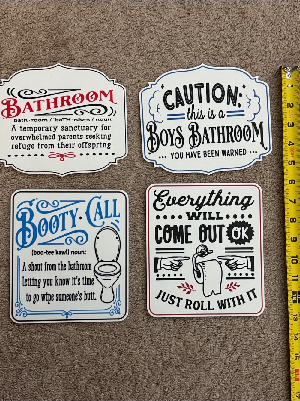 Funny Bathroom Wall Sign Set - with display stands - Picture 1 of 11